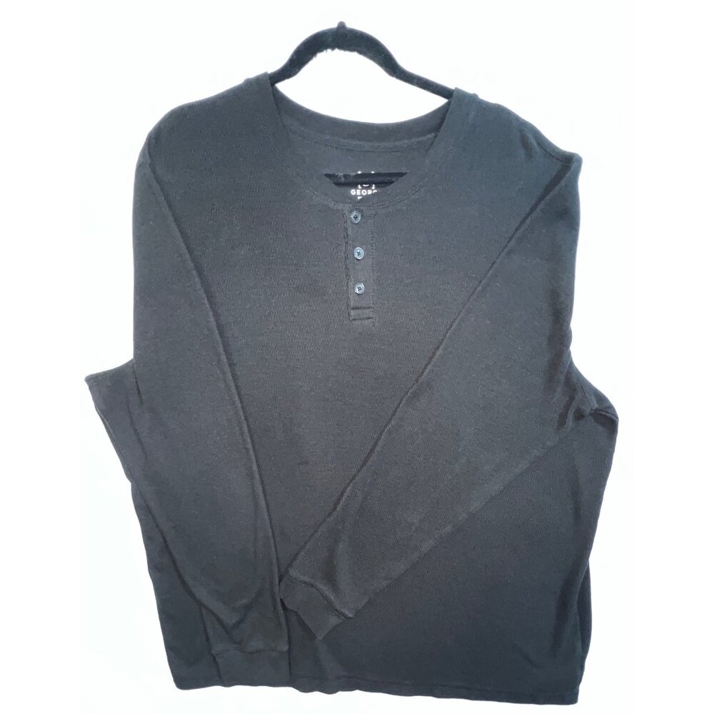 George Mens Black Long-Sleeve Henley Shirt 3XLT/3XGA Cotton Blend Casual Wear